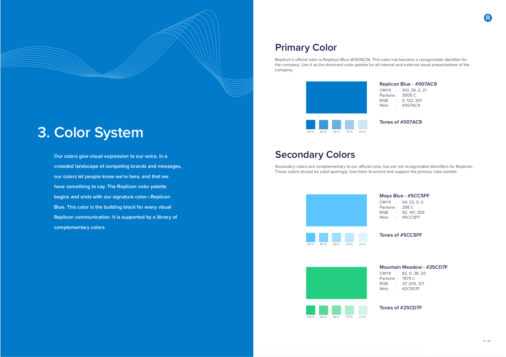 Spread from 2019 Design & Brand Style Guide covering Replicon's primary and secondary colors